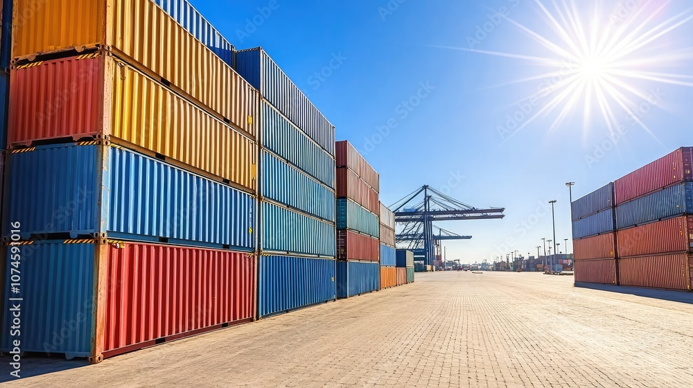 Fototapeta premium Vibrant Stacked Shipping Containers at a Port Under Bright Sunlight with Clear Blue Skies and Industrial Cranes in the Background