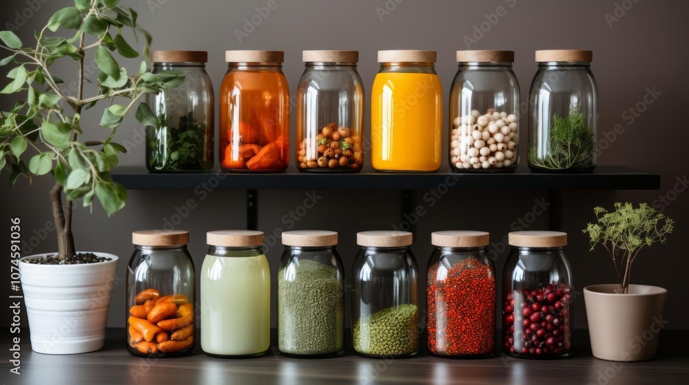 A row of glass jars filled with various spices and vegetables A row of glass jars filled with various spices and vegetables