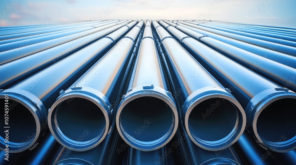 Stacked Industrial Pipes in a Row with a Clear Sky Background Showcasing Modern Infrastructure and Manufacturing Processes in an Urban Environment Stacked Industrial Pipes in a Row with a Clear Sky Background Showcasing Modern Infrastructure and Manufacturing Processes in an Urban Environment