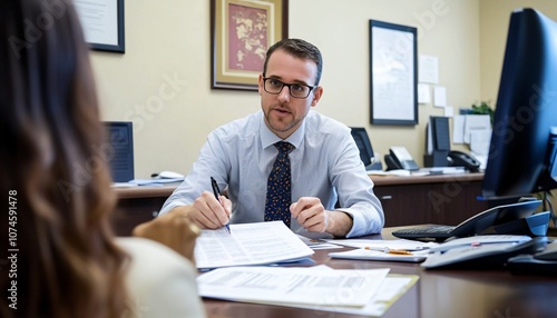 A business meeting between a man in a suit and a woman is taking place at a desk, with documents and a computer present in a professional office environment.