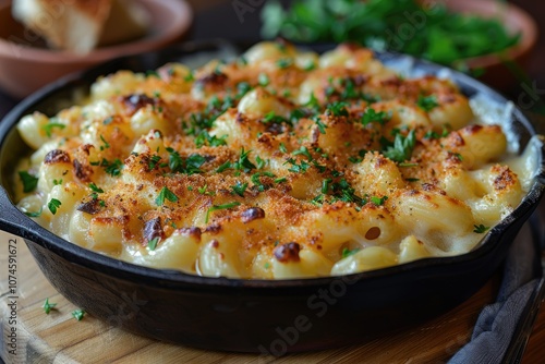 Close-up of Creamy Macaroni and Cheese with Toasted Crumbs and Parsley Garnish