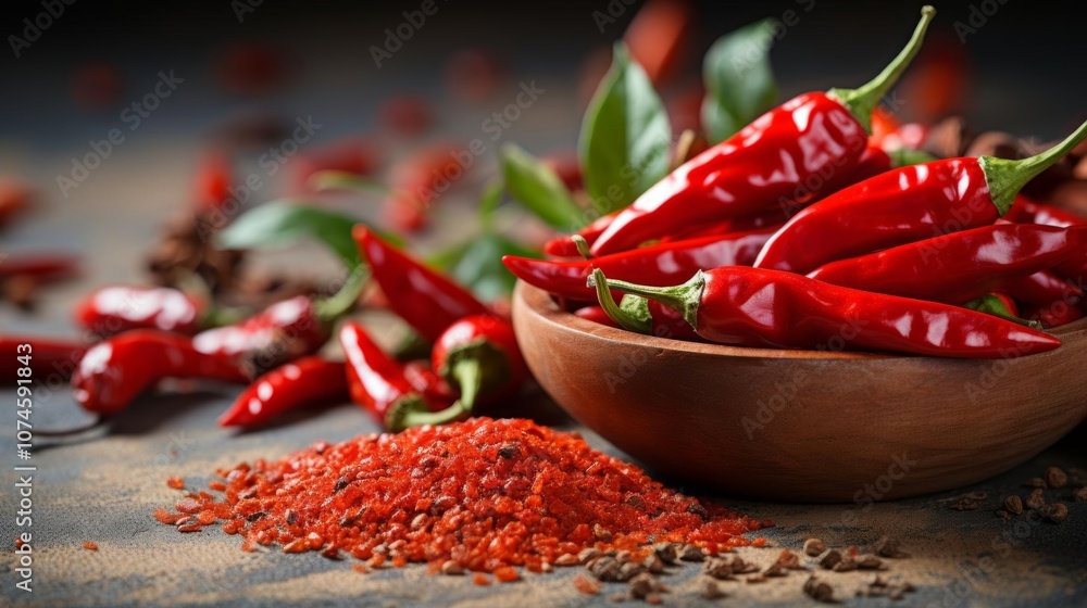 A bowl of red peppers and red pepper flakes on a table A bowl of red peppers and red pepper flakes on a table