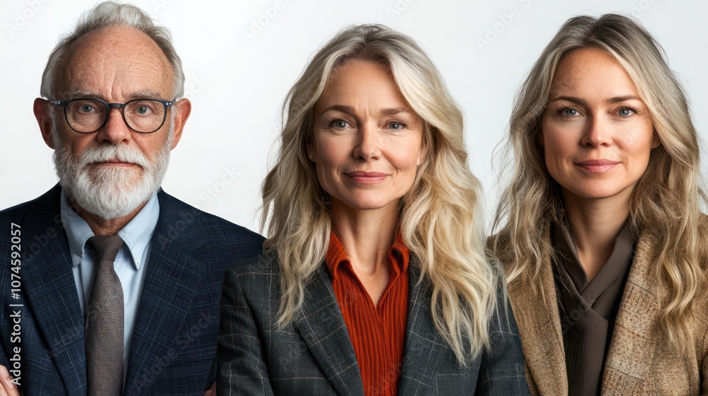 Senior Norwegian business team, professional attire, composed expressions, isolated, white background Senior Norwegian business team, professional attire, composed expressions, isolated, white background
