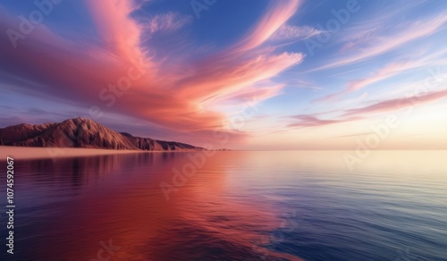 a mountain and a body of water at sunset