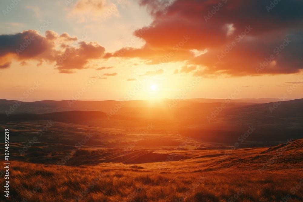A serene landscape with the sun dipping below the horizon, surrounded by lush green grass A serene landscape with the sun dipping below the horizon, surrounded by lush green grass