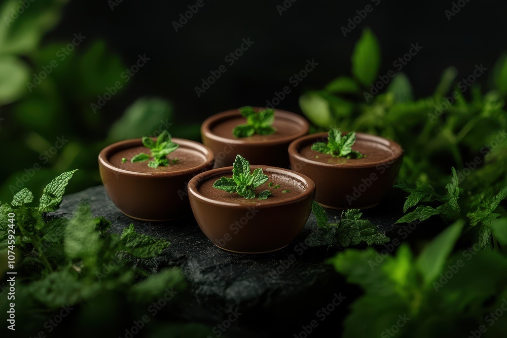 Decadent organic ganache layered in elegant dessert cups, surrounded by fresh berries and mint for a delightful treat. Decadent organic ganache layered in elegant dessert cups, surrounded by fresh berries and mint for a delightful treat.