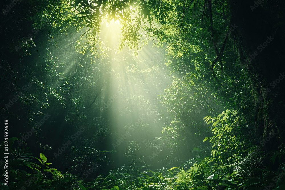 Bright rays of the sun in a dense green forest. The beauty of nature. Generated by artificial intelligence Bright rays of the sun in a dense green forest. The beauty of nature. Generated by artificial intelligence