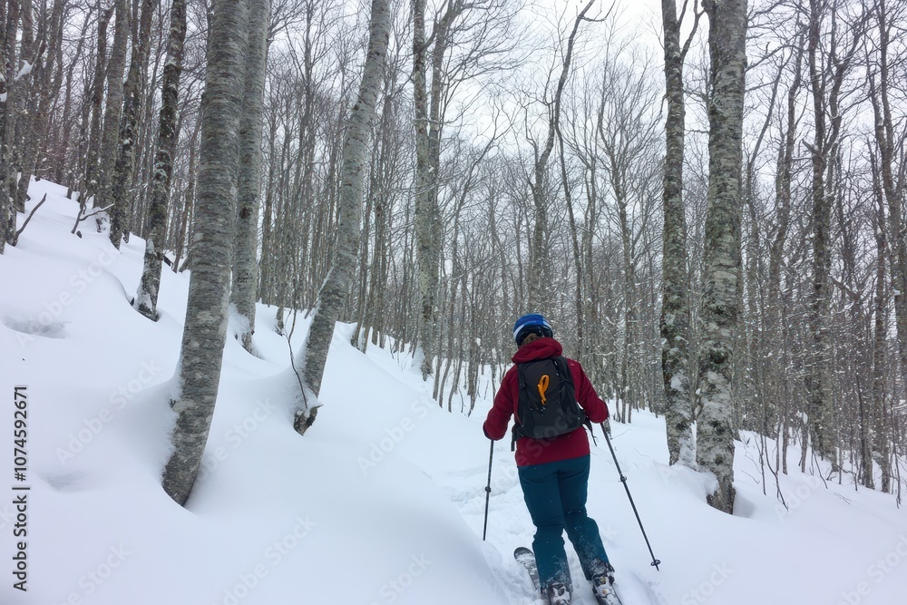 Skier Navigating Through Snowy Forest Trail Skier Navigating Through Snowy Forest Trail
