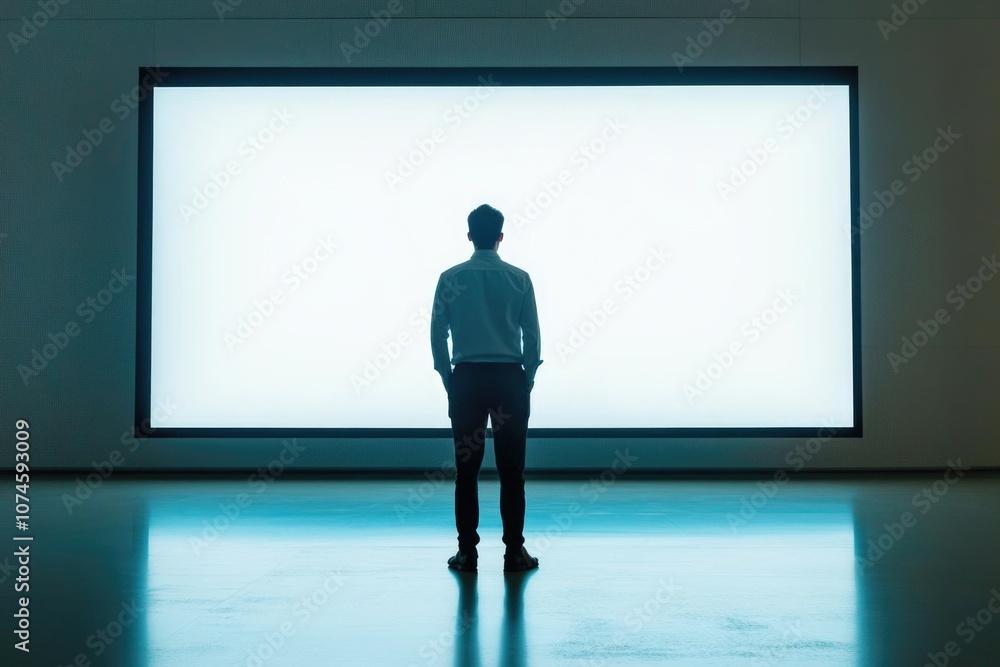 A person standing in front of a big screen, possibly at a presentation or event A person standing in front of a big screen, possibly at a presentation or event