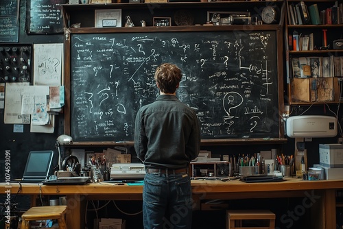 A man stands before a blackboard filled with question marks and notes, attempting to decode his business plan details.