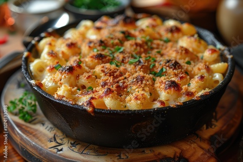 Creamy Macaroni and Cheese with Crispy Topped Crust in Cast Iron Dish photo