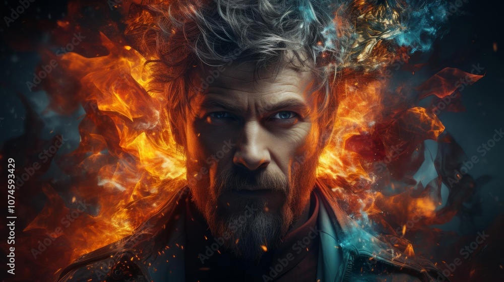 A man with a beard and glasses is in front of a fire A man with a beard and glasses is in front of a fire