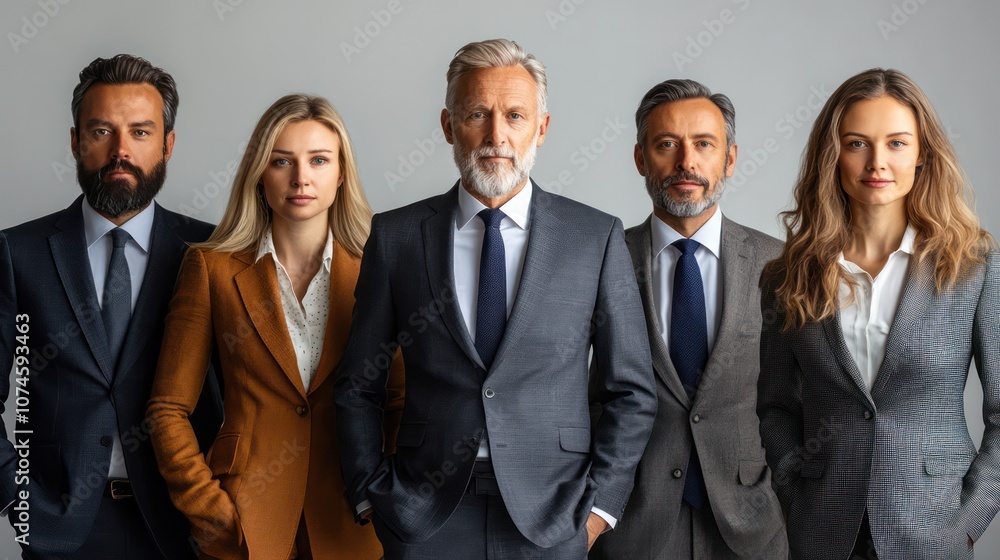 Senior team of Finnish business professionals, dressed formally, calm and assured, isolated, white background Senior team of Finnish business professionals, dressed formally, calm and assured, isolated, white background