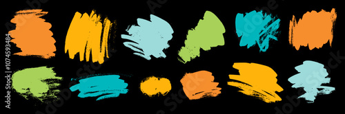 Vintage color brush paint stroke set. Kids hand drawn lines, squiggles, scratches, color swatches. Vector ink texture. Retro fun quirky childish text frames, highlights, underlines. Kindergarten art
