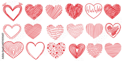 Red heart set. Collection of heart icon hand drawn vector for love logo, heart symbol, doodle icon, greeting card and Valentine's day. Painted grunge vector shape