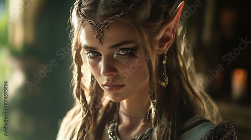 Fantasy portrait of enigmatic elf warrior with intricate jewelry and fierce expression