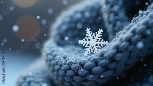 A delicate snowflake rests on a cozy knitted scarf, capturing the essence of winter's beauty during a serene snowfall