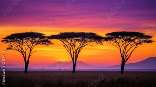 Majestic Silhouette of Acacia Trees Against a Vibrant Sunset Over African Plains, Capturing the Essence of Natural Beauty and Tranquility in the Wilderness