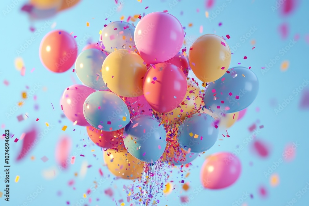 Colorful balloons filled with confetti falling through the air Colorful balloons filled with confetti falling through the air