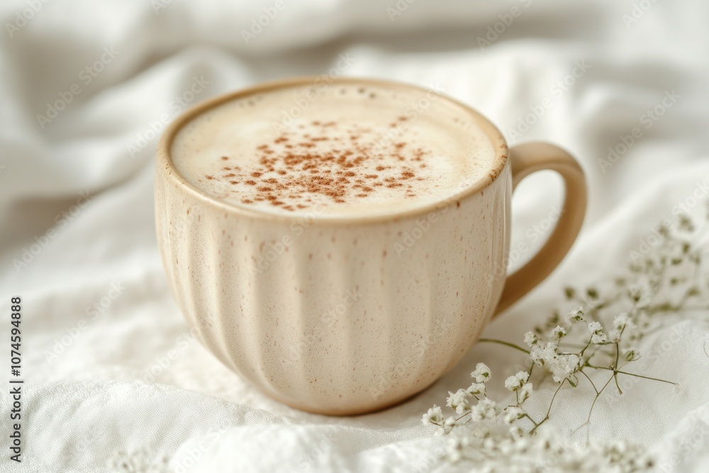 A cup of cappuccino on a white cloth, perfect for coffee break or morning pick-me-up A cup of cappuccino on a white cloth, perfect for coffee break or morning pick-me-up