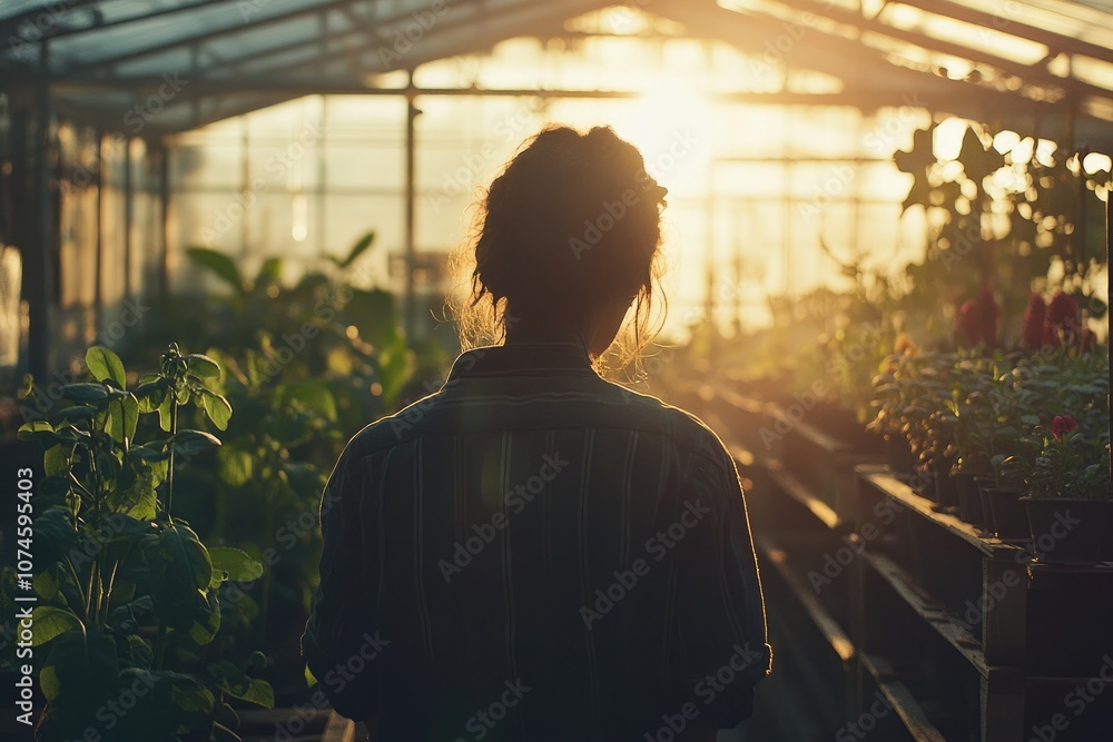 A Woman Stands Silhouetted in a Greenhouse with the Sun Shining Behind Her A Woman Stands Silhouetted in a Greenhouse with the Sun Shining Behind Her