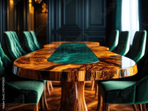 Wooden table with green chairs