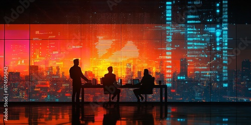 Businessmen shaking hands in an office, with digital graphs and charts hovering above, representing success and teamwork.