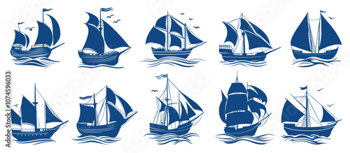 Sailing ships blue silhouette set. Old wooden boat sailing in the ocean surrounded by seagulls. Marine emblem boat icon nautical vessel yacht design element. Flat simple style isolated vector clipart