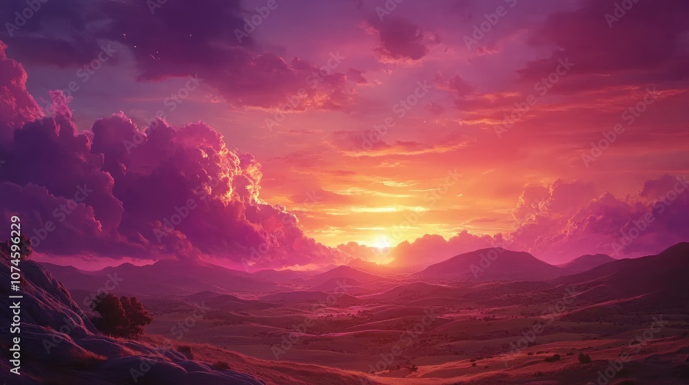 Naklejka premium Breathtaking Sunset Over Serene Landscape with Vibrant Skies and Rolling Hills Capturing the Beauty of Nature at Dusk