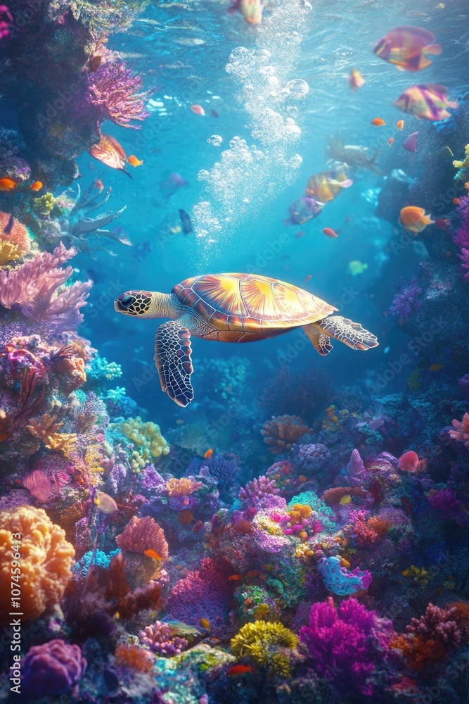 Fototapeta premium Turtle in colorful coral reef