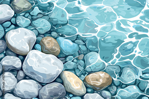Sea multicolored pebbles background. Stony beach washed by clean sea water. Ocean shore. Sea rocks nature organic shapes. Beauty center spa wellness holidays backdrop. Cartoon style vector