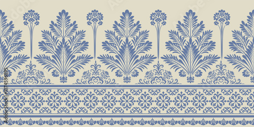 floral pattern vintage ethnic modern embroidery texture boho design vector illustration hand drawn pink flower motif branches leaves wallpaper seamless background border.