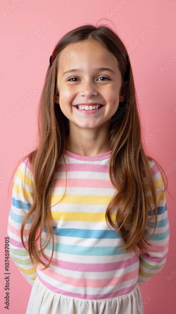 Cheerful Young Girl in Colorful Striped Shirt: Perfect for Children's Fashion Ads or Back-to-School Campaigns Cheerful Young Girl in Colorful Striped Shirt: Perfect for Children's Fashion Ads or Back-to-School Campaigns