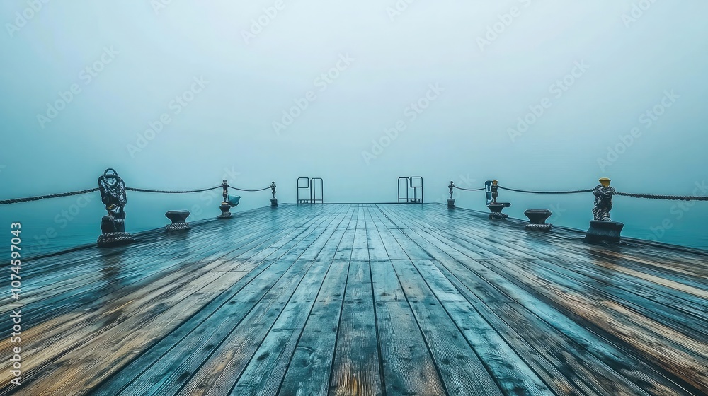 Obraz premium Serene and Misty Wooden Pier Overlooking Water with Lush Calmness, Perfect for Evoking Tranquility and Reflection in Photography and Art Projects
