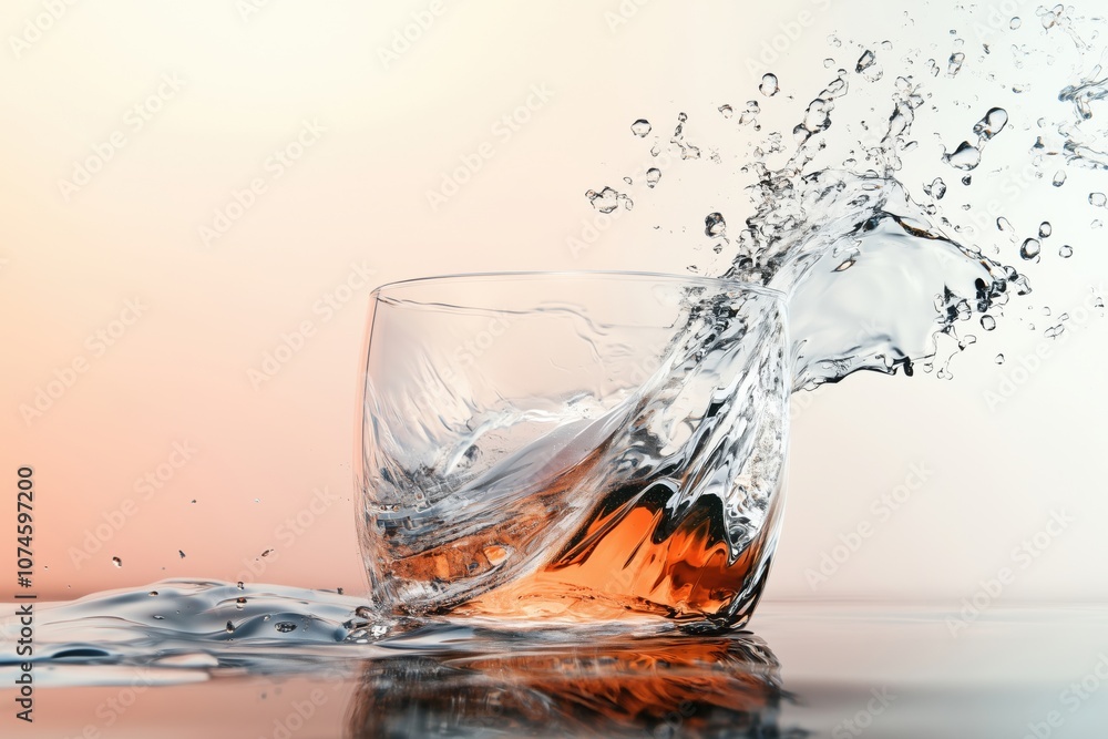 Splashing whiskey glass with water droplets, dynamic motion, vibrant background Splashing whiskey glass with water droplets, dynamic motion, vibrant background