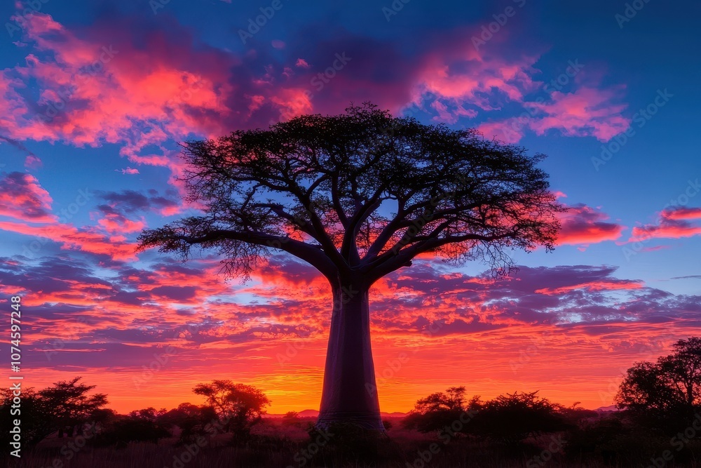 Fototapeta premium Majestic tall baobab tree silhouetted against a vibrant African sunset landscape.