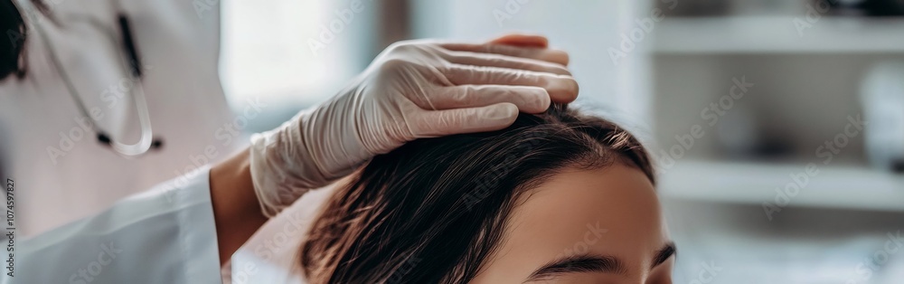 Doctor Closely Examines Girl s Scalp with Specialized Dermatological Equipment for Haircare Diagnosis Doctor Closely Examines Girl s Scalp with Specialized Dermatological Equipment for Haircare Diagnosis