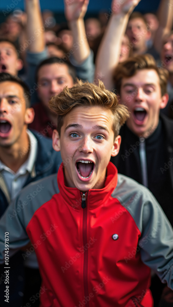 Ecstatic Young Man in Red Jacket Amidst Cheering Crowd: Perfect for Event Marketing or Concert Promotions Ecstatic Young Man in Red Jacket Amidst Cheering Crowd: Perfect for Event Marketing or Concert Promotions