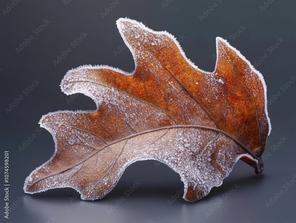 Fototapeta premium Frosty leaf on gray surface