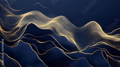 Elegant Hand-Drawn Vector Line Art of Mountains in Gold, Set Against a Dark Blue Background.
