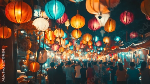 Vibrant Night Market Scene: Bustling Asian Street Food Stalls & Lanterns. photo