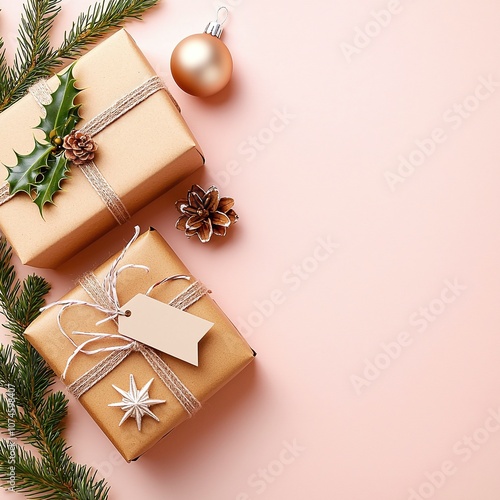 Christmas sale deal and mock up concept. Elegant holiday gift boxes adorned with natural decorations, set against a soft pink background, creating a festive and cozy atmosphere.