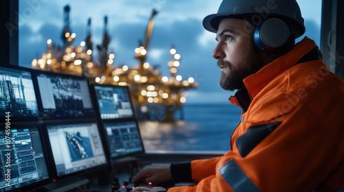 image features focused worker in orange safety jacket and helmet, operating control room with multiple screens, overlooking offshore oil rig at dusk