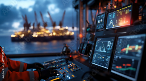 image showcases control room with multiple screens displaying data, overlooking offshore oil rig at dusk. atmosphere conveys sense of high tech operations and maritime industry photo