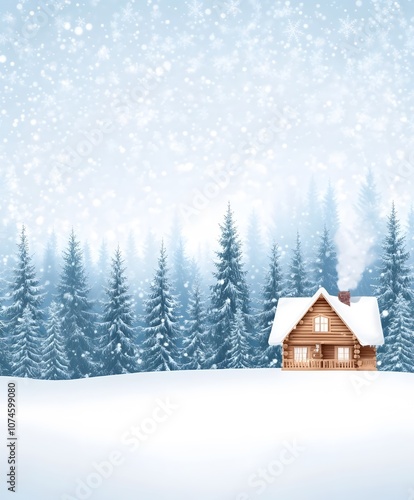 Cozy Wooden Cabin in Snowy Winter Wonderland Surrounded by Majestic Evergreen Trees Under a Glistening Sky Full of Snowflakes in a Peaceful Setting