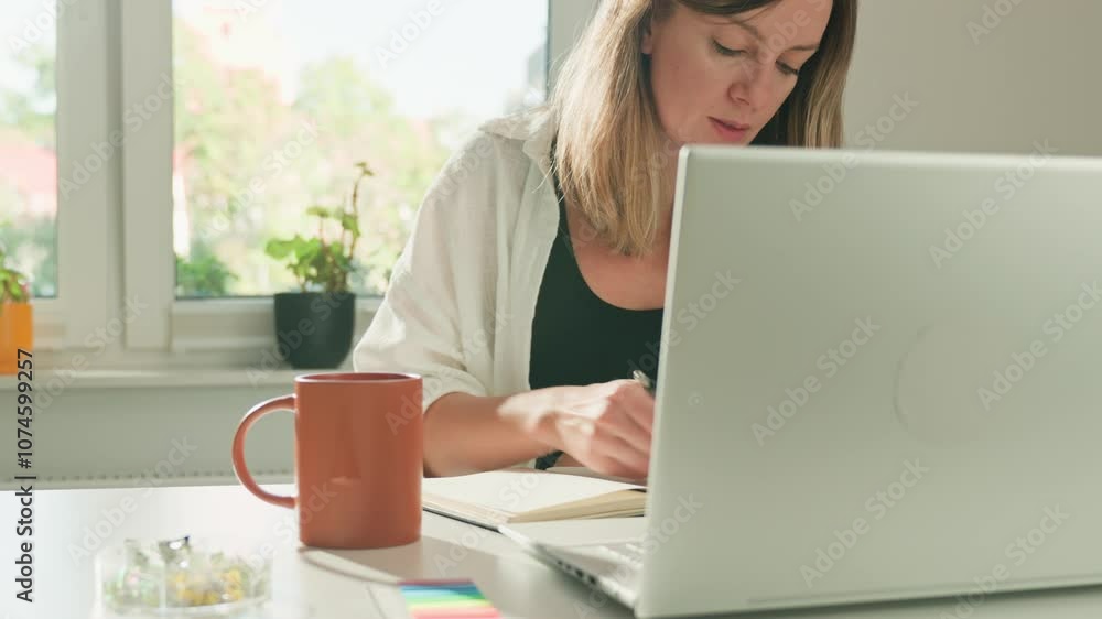 Focused woman working on laptop at home, hands typing on keyboard. Concept of freelance and remote work Focused woman working on laptop at home, hands typing on keyboard. Concept of freelance and remote work