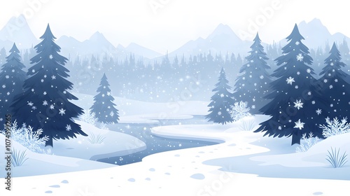 Tranquil Winter Landscape with Snowy Pine Trees and Gentle Stream in a Serene Snowfall Scene Ideal for Holiday Themes and Seasonal Artwork