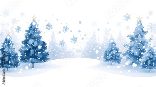 Winter Wonderland with Blue Christmas Trees and Snowflakes in a Serene, Snowy Landscape, Perfect for Holiday Decorations and Seasonal Greetings