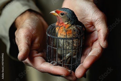 A pair of hands setting a caged bird free, symbolizing the release from inner struggles.