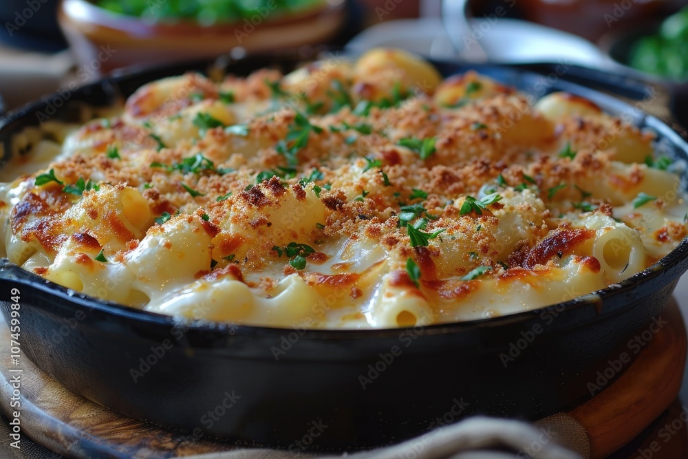 Creamy Macaroni and Cheese with Breadcrumbs and Parsley in a Black Cast Iron Dish Creamy Macaroni and Cheese with Breadcrumbs and Parsley in a Black Cast Iron Dish